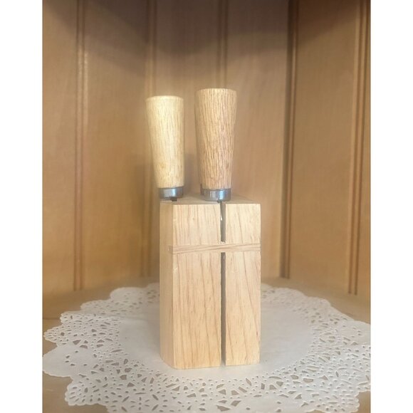 Vintage Wooden Cheese Knife Block Stainless Steel Utensil Servers Appetizers - Picture 7 of 8